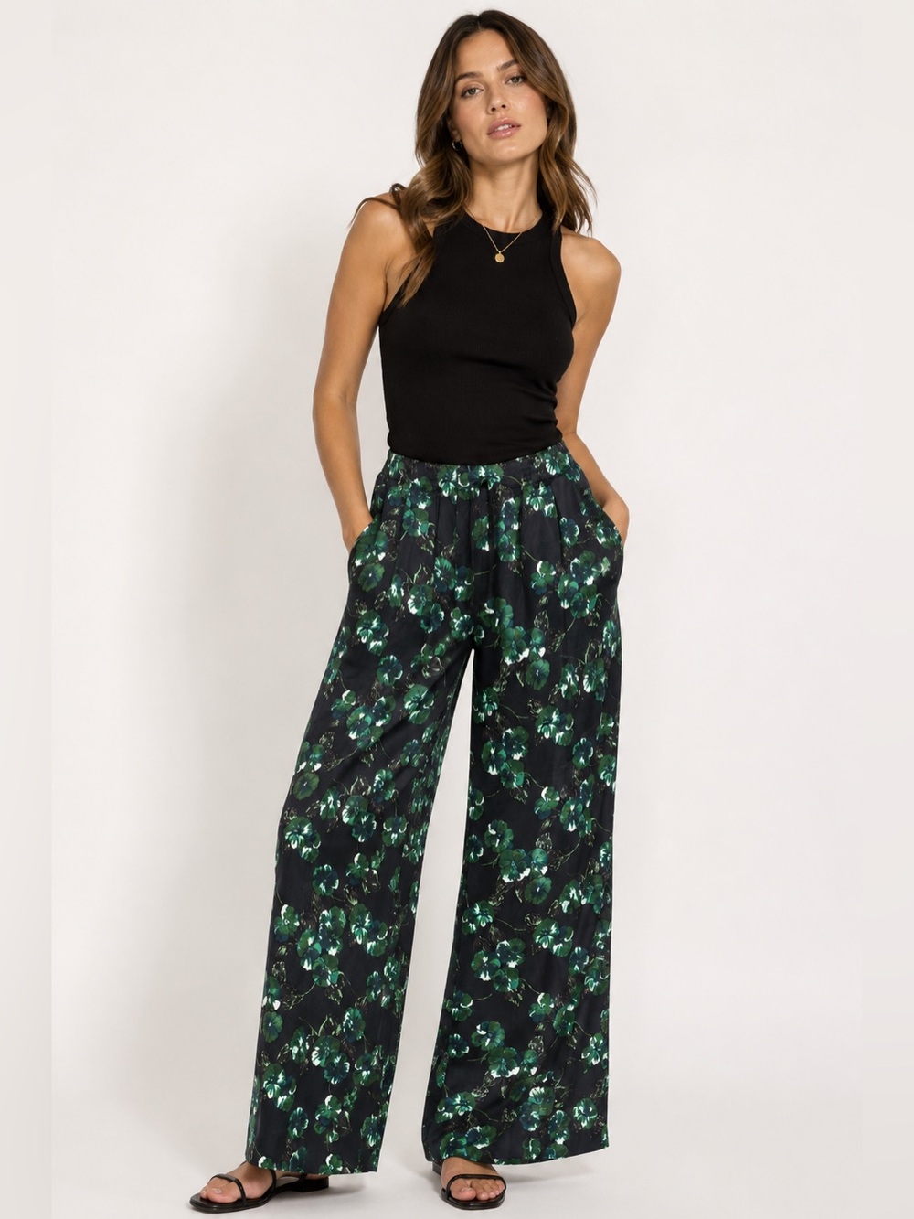 Whimsigoth Black Satin Drawstring Pants Green Floral Wide Leg Forestcore Earthy